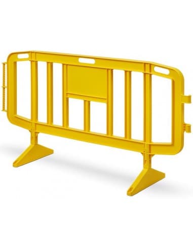 VALLA PEATONAL DE POLIPROPILENO 2 X 1 CON PATAS GIRATORIAS CON PLACA PARA PERSONALIZAR Y LATERALES CON BANDAS REFLEX R/B